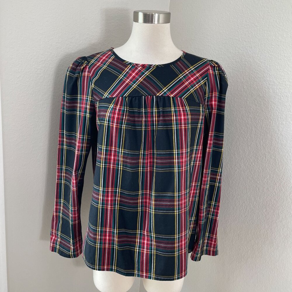 J Crew Womens Small Tartan Plaid Blouse‎ Organic Cotton Long Sleeve Poplin Shirt